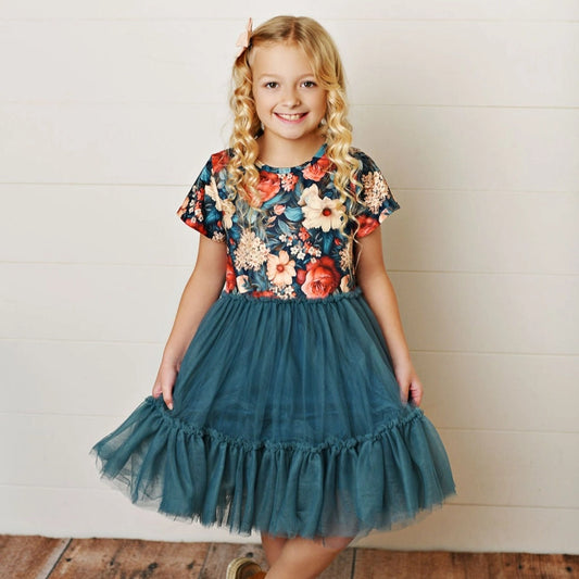 Kids Emerald Vintage Floral Tulle Fancy Spring Summer Dress