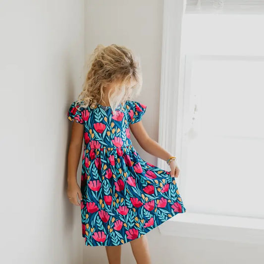 Kids Blue Floral Flutter Sleeve Summer Dress