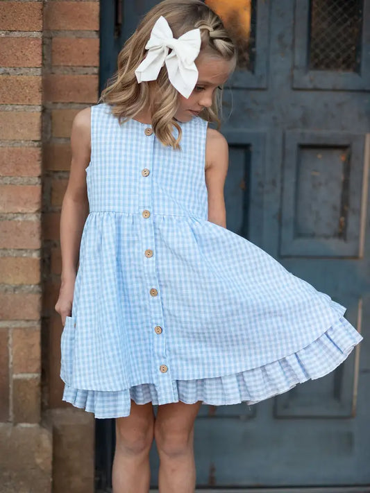 Kids Blue & White Gingham Check Pocket Ruffle Summer Dress