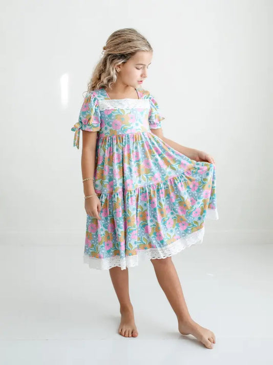 Kids Vintage Floral & Lace Tiered Square Neck Spring Dress