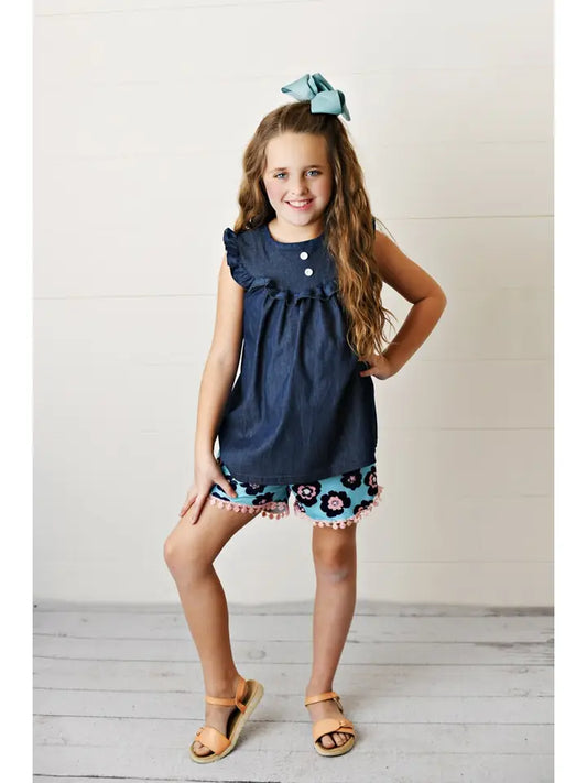 Kids Dark Jean Flower Ruffle Button Spring Two Piece Set