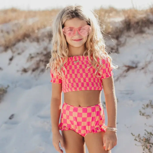 Kids Hot Pink & Tangerine Check Ruched 2 Piece Swimsuit